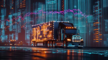 Wall Mural - a black semi-truck drives through a futuristic cityscape with a glowing data stream.