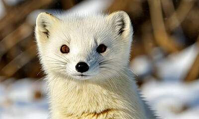 Poster - Portrait of an alert white weasel in snowy surroundings showcasing its natural winter coat : Generative AI
