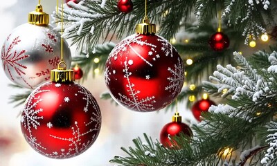 Aufkleber - Festive Christmas Decorations With Red And White Baubles On Snowy Pine Tree Branch : Generative AI