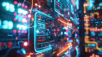Poster - Glowing lines and colorful data streams flow through a futuristic server room, visualizing complex data analysis and processing in a high tech environment