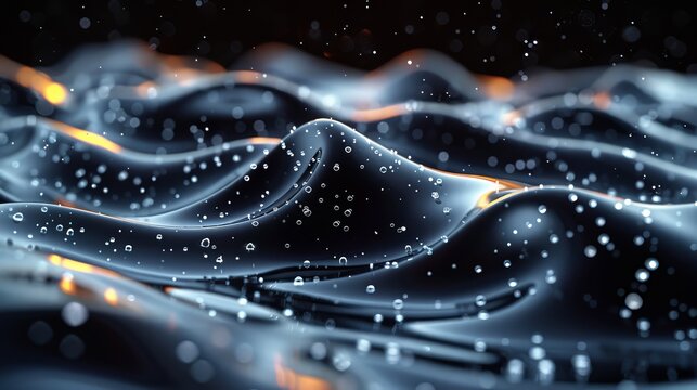 Abstract 3D render, flowing metallic waves covered with clear droplets and rimmed with golden light.