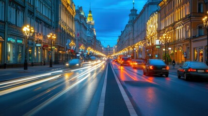 Aufkleber - The city street comes alive in the evening as cars rush by, illuminated by festive lights and a vibrant ambiance. Generative AI