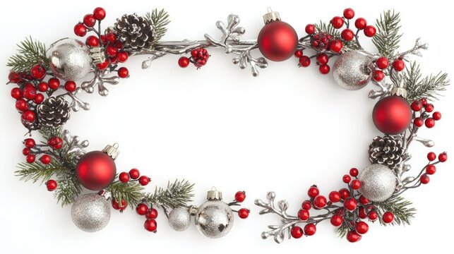Classic holiday border with silver ornaments, red berries, and evergreen sprigs surrounding an empty space.