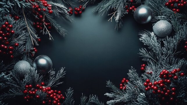 Classic holiday border with silver ornaments, red berries, and evergreen sprigs surrounding an empty space.
