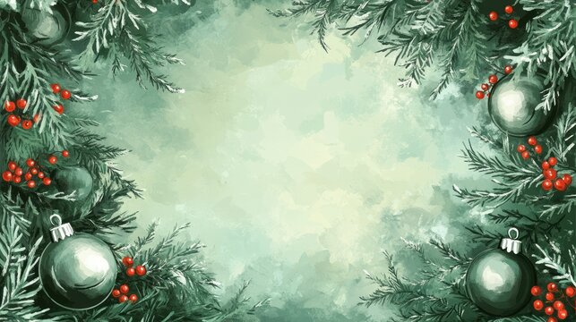 Classic holiday border with silver ornaments, red berries, and evergreen sprigs surrounding an empty space.