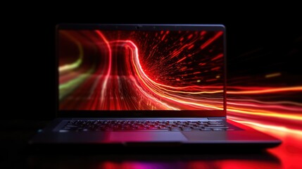 Fototapete - Laptop with Red Light Trails