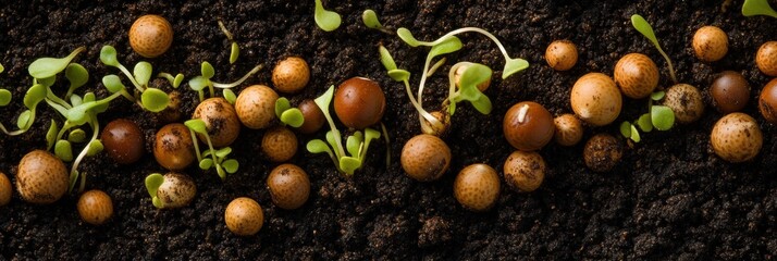 Poster - Seeds are nestled in rich soil, with vibrant fresh sprouts breaking through the surface, signaling new growth and vitality. Generative AI