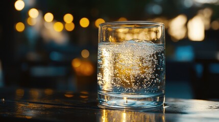 Poster - Crisp bubbles rise in a clear glass of sparkling water on a wooden table, with soft lighting enhancing a cool, refreshing feel.