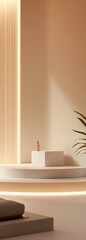 Wall Mural - 34. A luxurious white podium, softly lit with subtle highlights, offering space for a product display.