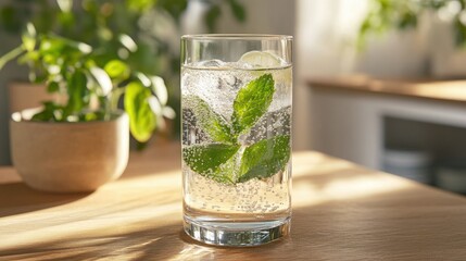 Poster - Crisp bubbles rise in a clear glass of sparkling water on a wooden table, with soft lighting enhancing a cool, refreshing feel.