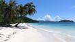 © sasisom - A tranquil tropical beach with pristine white sand, crystal-clear turquoise waters, and swaying palm trees under a bright blue sky