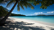 © sasisom - A tranquil tropical beach with pristine white sand, crystal-clear turquoise waters, and swaying palm trees under a bright blue sky