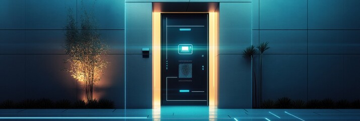 Poster - The entrance showcases modern security features like smart cameras and a fingerprint scanner, ensuring enhanced protection for homeowners. Generative AI