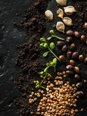 Aufkleber - Various types of seeds and bright green sprouts are spread out on dark soil, showcasing the beginnings of plant growth and gardening. Generative AI