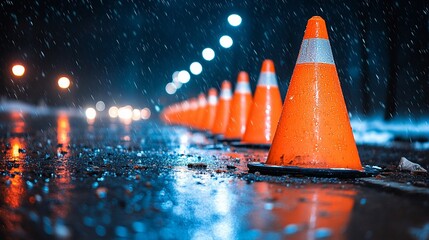 Here's a description for your stock photo

 Wet road at night with traffic cones.