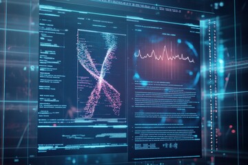 Fototapete - A detailed digital display reveals a patient's medical history, DNA information, and various test results presented in a secure format. Generative AI