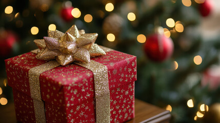 Wall Mural - beautifully wrapped red gift box with golden bow sits in front of decorated christmas tree, creating