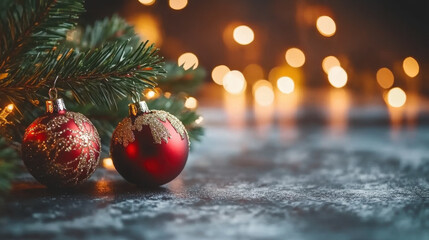 Wall Mural - festive christmas decoration with red ornaments and pine branches, creating warm and joyful atmosphe