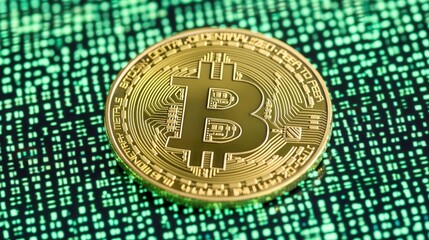 Poster - A Bitcoin coin on a background of binary code and circuit lines, symbolizing the digital and cryptographic foundation of Bitcoin