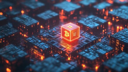 Poster - A Bitcoin logo glowing in the center of interconnected data blocks, representing blockchain technology and the security of digital currencies
