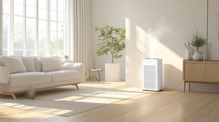 Poster - A bright, minimalist living room with wooden floors and an air purifier in the corner, enhancing the air quality in the clean, open space filled with natural light