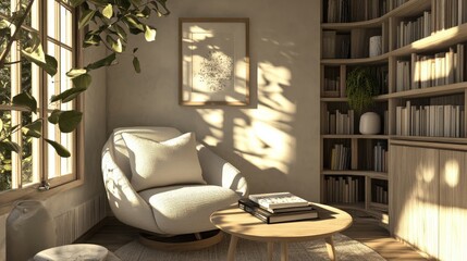 Poster - A bright reading table with a neutral color palette, a couple of books, a cozy chair, and soft lighting, designed for those who love a calm and peaceful reading atmosphere