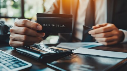 Poster - A businessperson placing a black credit card into a leather wallet on a desk, showcasing understated elegance
