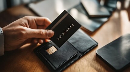 Poster - A businessperson placing a black credit card into a leather wallet on a desk, showcasing understated elegance