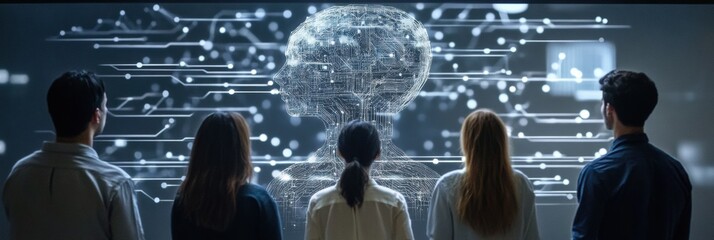 Poster - A diverse group of people stands together, engrossed in an abstract representation of an artificial intelligence system during a tech event. Generative AI