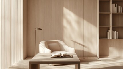 Wall Mural - A clean, minimalist reading table with a single open book, a simple desk lamp, and a soft armchair, set against a serene backdrop of light wood and soft tones