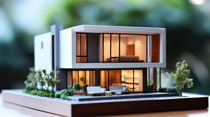 Poster - A contemporary house model with a sleek design featuring clean lines, tall windows, and a flat roof, with tiny plants and furniture for a realistic look,