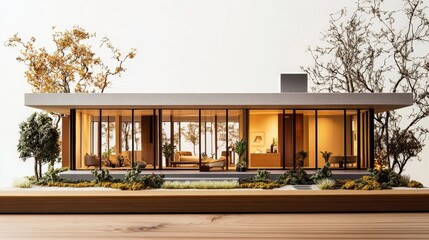 Poster - A contemporary house model with a sleek design featuring clean lines, tall windows, and a flat roof, with tiny plants and furniture for a realistic look,