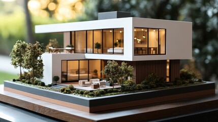 Poster - A contemporary house model with a sleek design featuring clean lines, tall windows, and a flat roof, with tiny plants and furniture for a realistic look,