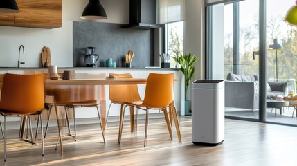 Poster - A contemporary kitchen and dining area with an air purifier on the floor, maintaining fresh air while adding a sleek, modern touch to the open-plan space
