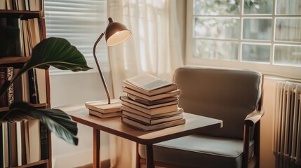 Poster - A contemporary reading table with a clean design, a pile of novels, a modern desk lamp, and a comfortable chair, surrounded by neutral-toned decor to promote focus