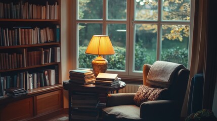 Wall Mural - A cozy reading table by a large window, with books stacked neatly, a warm desk lamp, and a comfy chair, creating a perfect space for enjoying a quiet, peaceful read