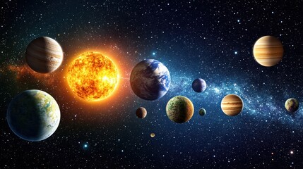 Wall Mural - A Captivating View of the Solar System Featuring the Sun and Its Planets Against a Stunning Starry Background in Deep Space
