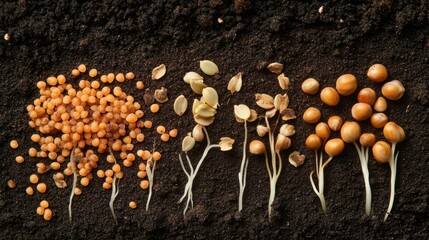 Aufkleber - Seeds and fresh sprouts are neatly arranged on dark soil, illustrating the early growth stages important for gardening. Generative AI