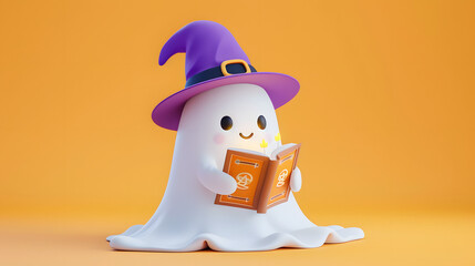 Character cute ghost wearing a hat reading spell book 3D