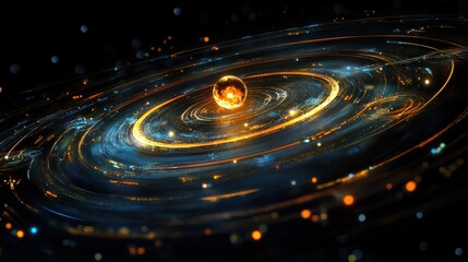 Wall Mural - Stunning Orbiting Golden Sphere in a Dynamic Cosmic Setting with Vibrant Energy Waves and Twinkling Stars Captured in a Futuristic Artistic Representation