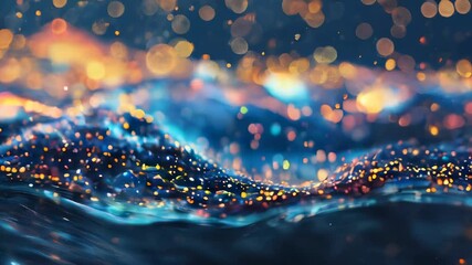 Poster - Abstract waves of light with floating orange and blue particles, creating a dynamic and ethereal visual atmosphere over dark background.