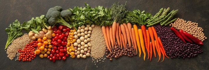 Poster - A vibrant array of fresh vegetables, grains, and legumes is artistically displayed on a dark surface, perfect for healthy eating. Generative AI