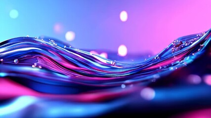 Poster - Abstract close-up of glossy pink and blue liquid waves with water droplets, evoking a dreamy, iridescent, and serene visual atmosphere.