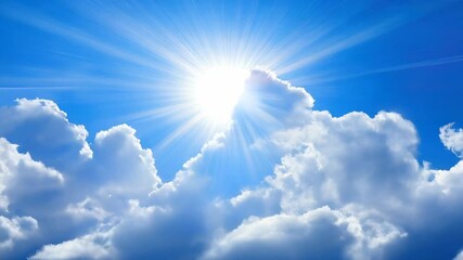 Wall Mural - vibrant sunlight beams burst through fluffy clouds, illuminating the blue sky with a heavenly and up