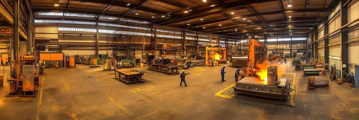 Leinwandbilder - In a large industrial workshop, several workers are actively engaged in welding as sparks fly around them, creating a vibrant work environment. Generative AI