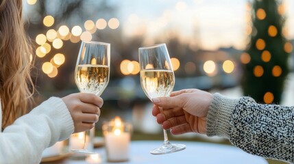 Wall Mural - valentine date night sweetness concept, Two people toasting with champagne flutes in a festive setting, surrounded by lights and candles, creating a warm, celebratory atmosphere.