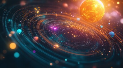 Wall Mural - vivid cosmic landscape featuring bright star, colorful planets, and spiral patterns in a deep space 