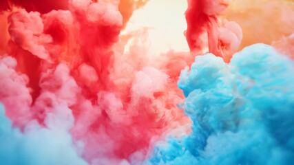 Poster - Dynamic clouds of red and blue ink blending together in water, creating a vibrant and abstract background with smooth, flowing shapes.