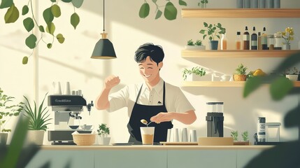Poster - A friendly Japanese cafe worker in an apron, smiling as they stir a drink, surrounded by minimalist decor with a calm and neutral color palette