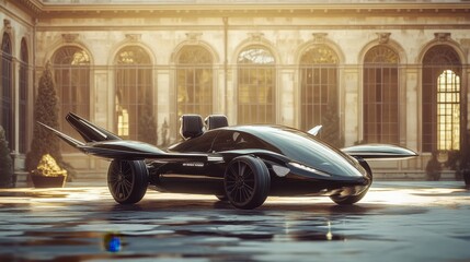 Wall Mural - a futuristic flying car concept with foldable wings, designed to switch between ground and air trave